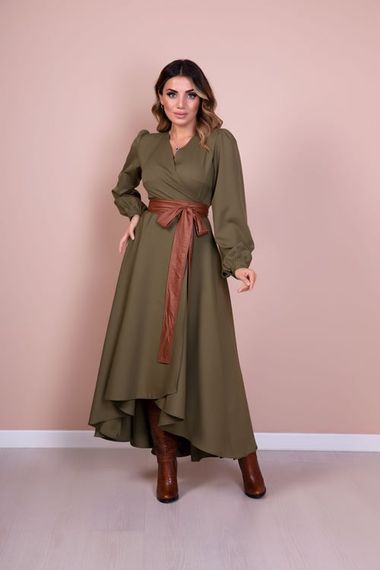 Women's Asymmetrical Cut Double Breasted Collar Long Sleeve Dress - KHAKI - photo 1