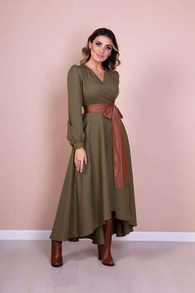 Women's Asymmetrical Cut Double Breasted Collar Long Sleeve Dress - KHAKI - photo 5