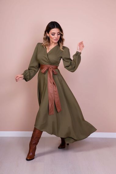 Women's Asymmetrical Cut Double Breasted Collar Long Sleeve Dress - KHAKI - photo 3