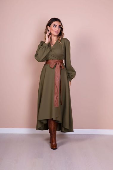 Women's Asymmetrical Cut Double Breasted Collar Long Sleeve Dress - KHAKI - photo 2