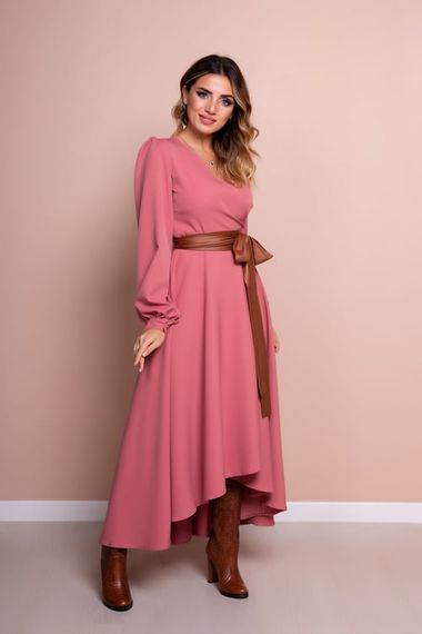 Women's Asymmetrical Cut Double Breasted Collar Long Sleeve Dress - DRIED ROSE - photo 2