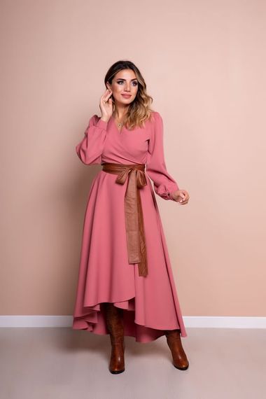 Women's Asymmetrical Cut Double Breasted Collar Long Sleeve Dress - DRIED ROSE - photo 1