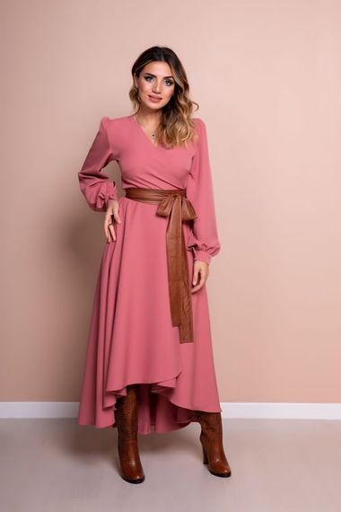 Women's Asymmetrical Cut Double Breasted Collar Long Sleeve Dress - DRIED ROSE - photo 3