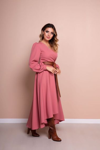 Women's Asymmetrical Cut Double Breasted Collar Long Sleeve Dress - DRIED ROSE - photo 4