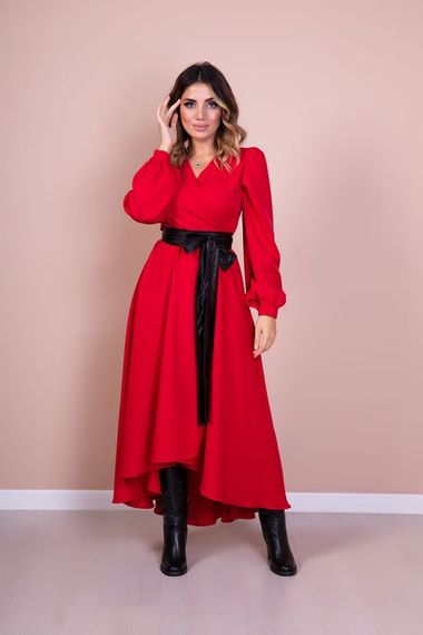 Women's Asymmetrical Cut Double Breasted Collar Long Sleeve Dress - RED - photo 1