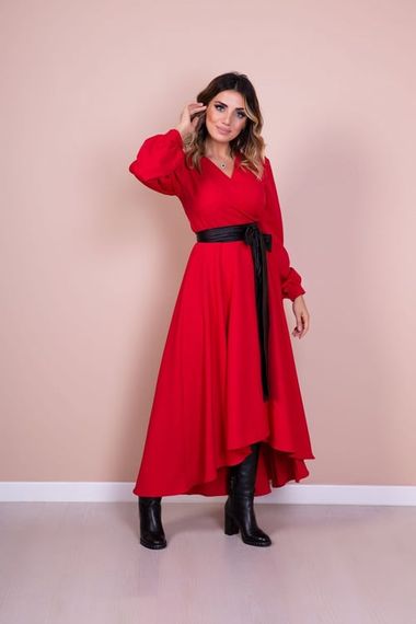 Women's Asymmetrical Cut Double Breasted Collar Long Sleeve Dress - RED - photo 5