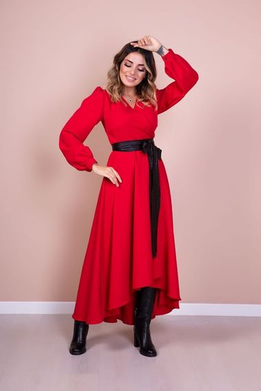 Women's Asymmetrical Cut Double Breasted Collar Long Sleeve Dress - RED - photo 2