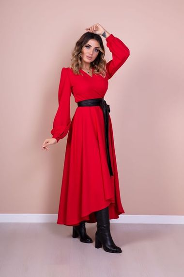 Women's Asymmetrical Cut Double Breasted Collar Long Sleeve Dress - RED - photo 3