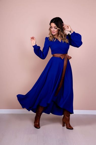 Women's Asymmetrical Cut Double Breasted Collar Long Sleeve Dress-SAX BLUE - photo 1