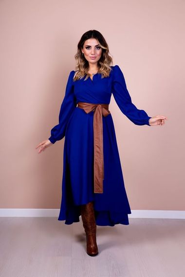 Women's Asymmetrical Cut Double Breasted Collar Long Sleeve Dress-SAX BLUE - photo 4