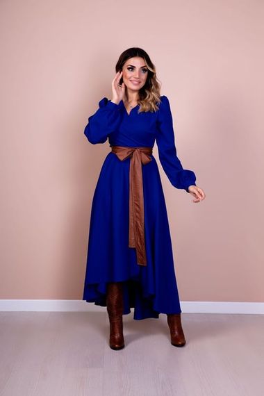 Women's Asymmetrical Cut Double Breasted Collar Long Sleeve Dress-SAX BLUE - photo 5