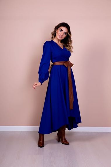 Women's Asymmetrical Cut Double Breasted Collar Long Sleeve Dress-SAX BLUE - photo 2