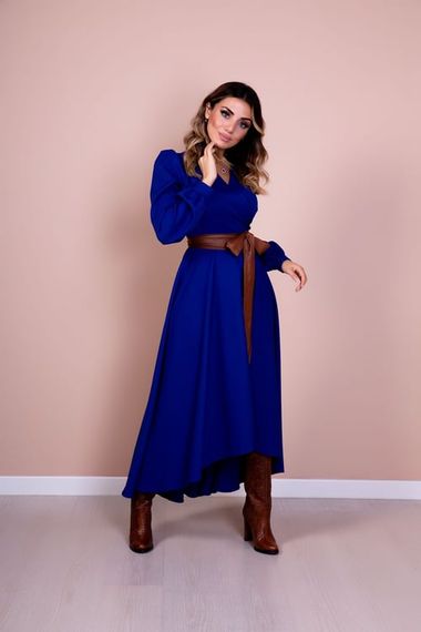 Women's Asymmetrical Cut Double Breasted Collar Long Sleeve Dress-SAX BLUE - photo 3