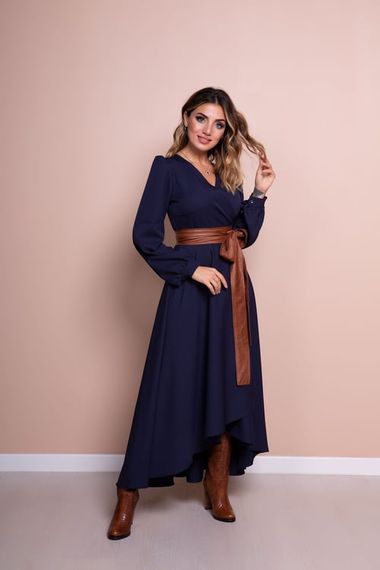 Women's Asymmetrical Cut Double Breasted Collar Long Sleeve Dress - NAVY BLUE - photo 1