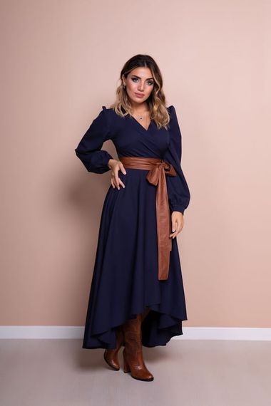 Women's Asymmetrical Cut Double Breasted Collar Long Sleeve Dress - NAVY BLUE - photo 4