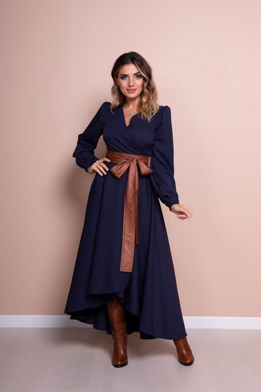 Women's Asymmetrical Cut Double Breasted Collar Long Sleeve Dress - NAVY BLUE - photo 2