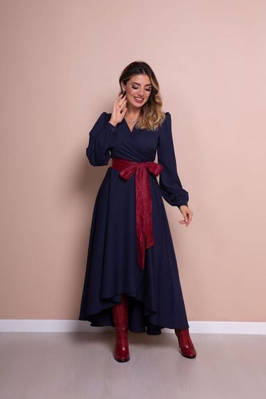 Women's Asymmetrical Cut Double Breasted Collar Long Sleeve Dress - NAVY BLUE - photo 5