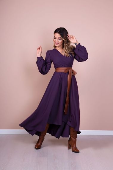 Women's Asymmetrical Cut Double Breasted Collar Long Sleeve Dress-DAMSON - photo 3