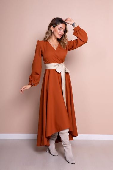 Women's Asymmetrical Cut Double Breasted Collar Long Sleeve Dress-CINNAMON - photo 3