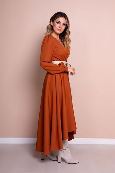 Women's Asymmetrical Cut Double Breasted Collar Long Sleeve Dress-CINNAMON - photo 4