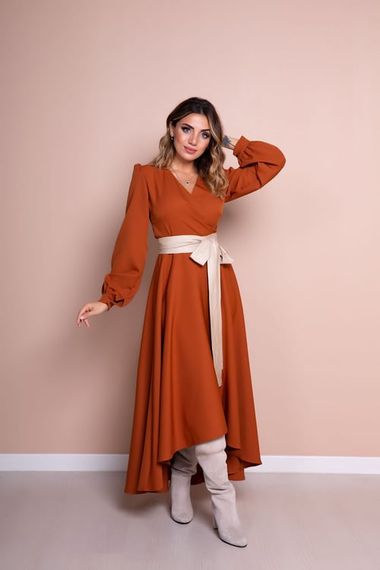 Women's Asymmetrical Cut Double Breasted Collar Long Sleeve Dress-CINNAMON - photo 1