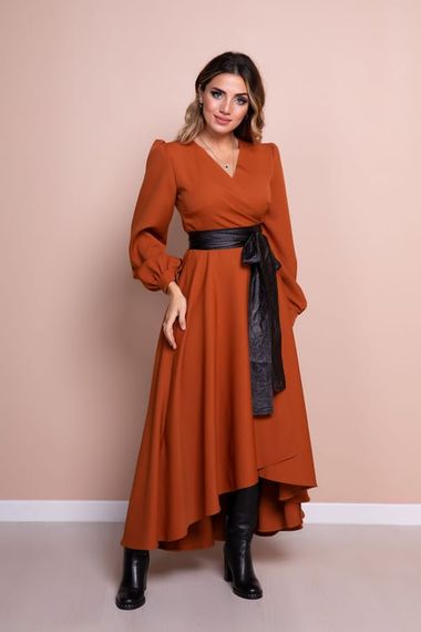 Women's Asymmetrical Cut Double Breasted Collar Long Sleeve Dress-CINNAMON - photo 5