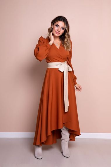 Women's Asymmetrical Cut Double Breasted Collar Long Sleeve Dress-CINNAMON - photo 2