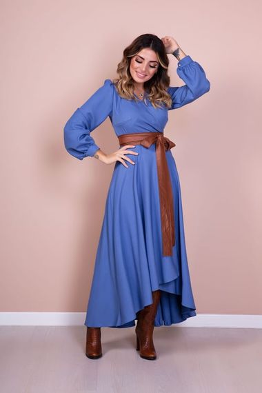 Women's Asymmetrical Cut Double Breasted Collar Long Sleeve Dress-JEANS BLUE - photo 2