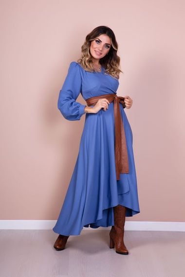 Women's Asymmetrical Cut Double Breasted Collar Long Sleeve Dress-JEANS BLUE - photo 3