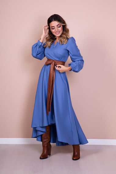 Women's Asymmetrical Cut Double Breasted Collar Long Sleeve Dress-JEANS BLUE - photo 4