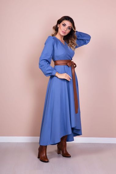 Women's Asymmetrical Cut Double Breasted Collar Long Sleeve Dress-JEANS BLUE - photo 5