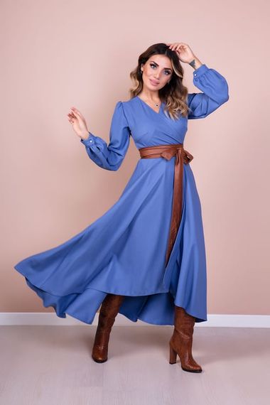 Women's Asymmetrical Cut Double Breasted Collar Long Sleeve Dress-JEANS BLUE - photo 1