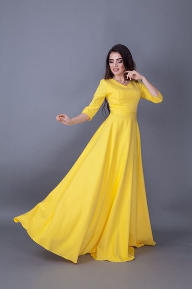 Women's Maxi Length V-Neck Dress-YELLOW - photo 1