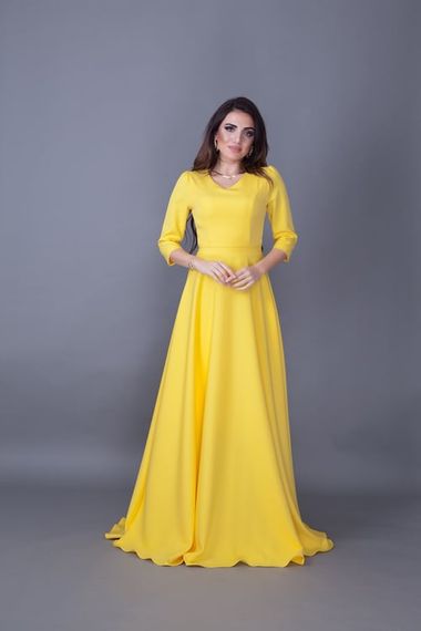 Women's Maxi Length V-Neck Dress-YELLOW - photo 3