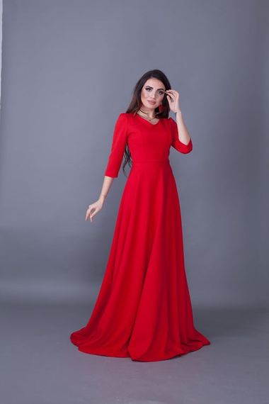 Women's Maxi Length V-Neck Dress-RED - photo 2