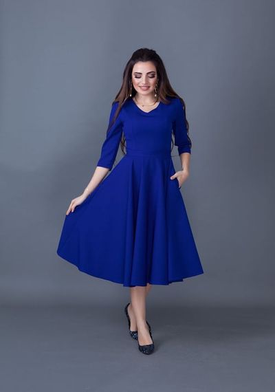 Women's Midi Length V-Neck Dress-SAX BLUE - photo 2