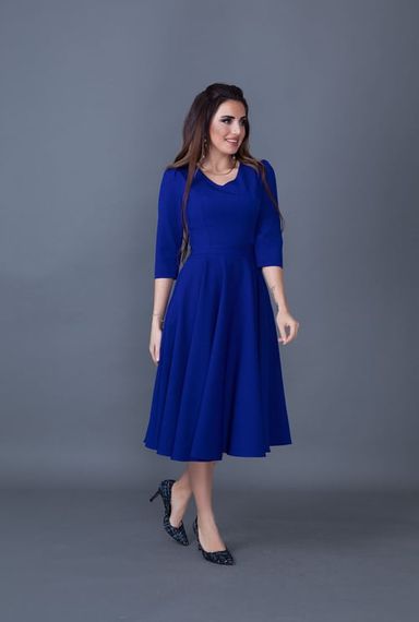 Women's Midi Length V-Neck Dress-SAX BLUE - photo 5