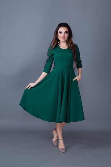 Women's Midi Length V-Neck Dress - EMERALD - photo 3