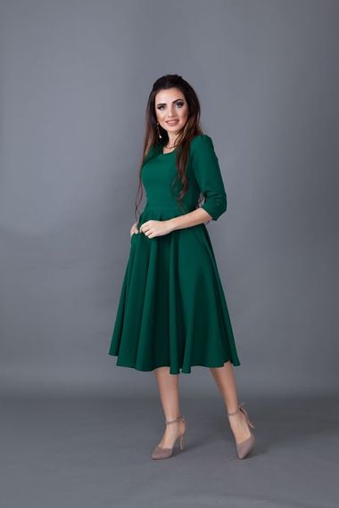 Women's Midi Length V-Neck Dress - EMERALD - photo 5