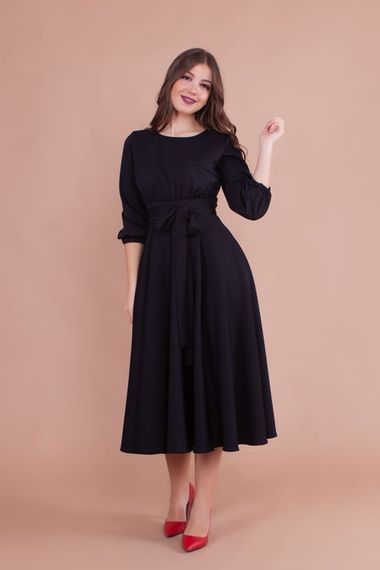 Women's Midi Length Round Neck Belted Dress-BLACK - photo 1