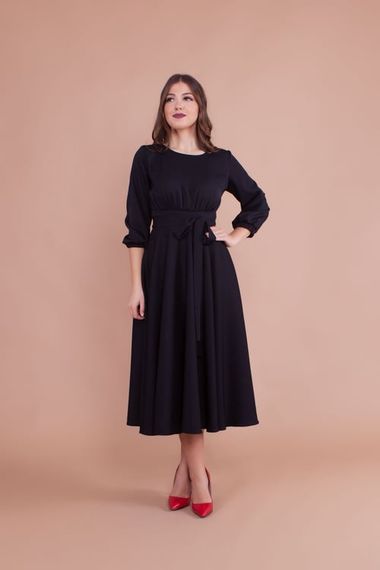 Women's Midi Length Round Neck Belted Dress-BLACK - photo 2