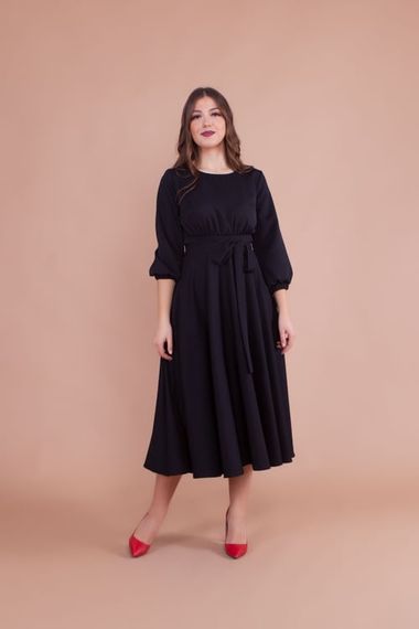 Women's Midi Length Round Neck Belted Dress-BLACK - photo 4