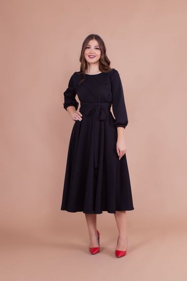 Women's Midi Length Round Neck Belted Dress-BLACK - photo 3