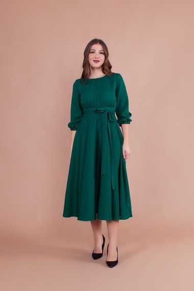 Women's Midi Length Round Neck Belted Dress - EMERALD - photo 1