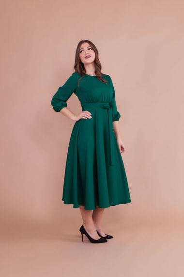 Women's Midi Length Round Neck Belted Dress - EMERALD - photo 3