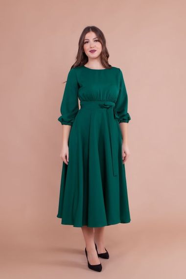 Women's Midi Length Round Neck Belted Dress - EMERALD - photo 4