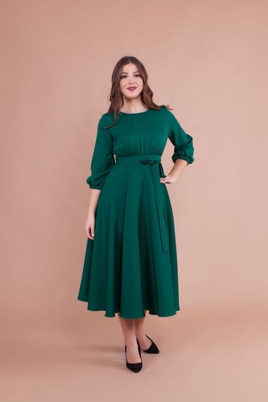 Women's Midi Length Round Neck Belted Dress - EMERALD - photo 2