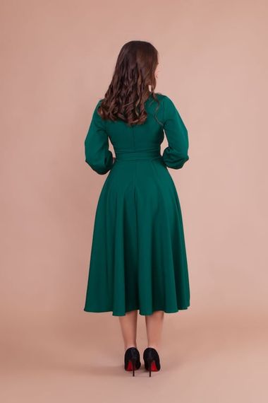 Women's Midi Length Round Neck Belted Dress - EMERALD - photo 5