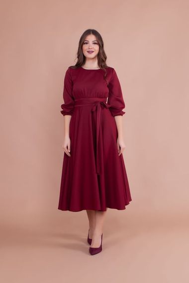 Women's Midi Length Round Neck Belted Dress - CLARET red - photo 2