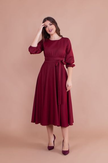 Women's Midi Length Round Neck Belted Dress - CLARET red - photo 1